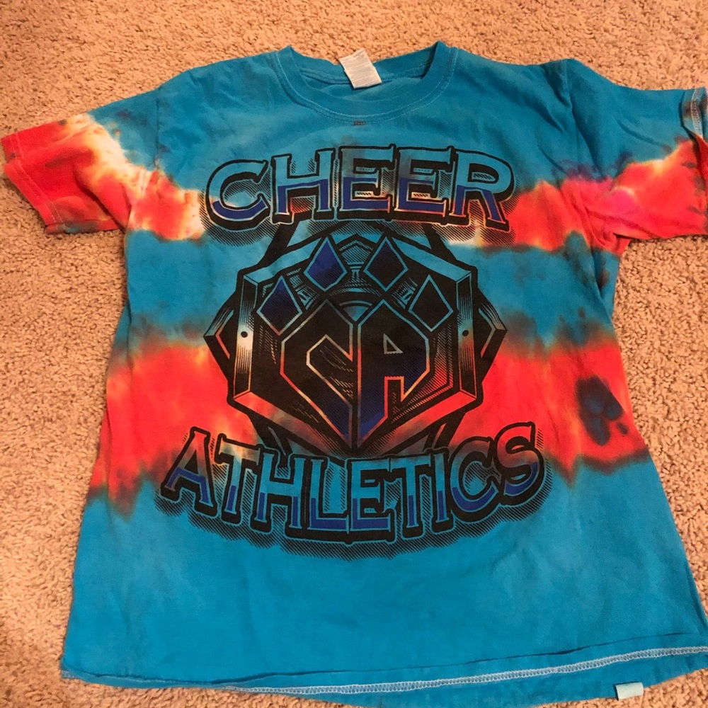 blue and red tie dye cheer athletics shirt